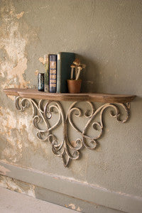 Hand Carved Wood Wall Shelf with Metal Filligree