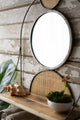 Metal Wall Mirror with Recycled Wood Shelf and Rattan Detail